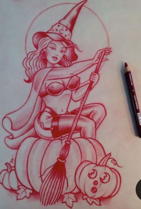 Goth Pinup Tattoo, American Traditional Pinup, Traditional Pinup Tattoo, Traditional Halloween Tattoo, Pinup Witch, Optical Illusion Tattoos, Illusion Tattoos, Halloween Pin Up, Halloween Flash