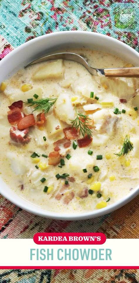 Recipe of the Day: Kardea Brown's Fish Chowder 😋 "You'll often find one-pot meals in Gullah cuisine, and this fish stew is definitely that!" says Kardea. "Creamy, smoky and slightly sweet, it's packed with corn, potatoes, bacon and cod. It also feeds a crowd as an appetizer or main dish." Cod Chowder Recipe, Chowder Recipes Healthy, Fish Chowder Recipe, Mixed Seafood Recipe, Cod Dishes, Easy Beef Stew Recipe, Fish Stew Recipes, Seafood Soup Recipes, Fish Chowder