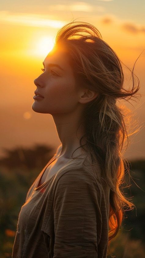 Natural Make Up For Photoshoot, Woman Profile Reference, Golden Hour Reference, Sunset Shoot Photo Ideas, Golden Hour Photoshoot Ideas, Nature Portraits Woman, Healthcare Photoshoot, Woman Nature Photoshoot, Peaceful Women