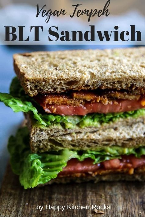 This smoky Vegan Tempeh Sandwich is a whole lot healthier than your traditional BLT, but you’re guaranteed to be just as satisfied after your plate is polished off. #vegan #veganrecipe #sandwich #tempeh #healthyrecipe | happykitchen.rocks Tempeh Blt, Tempeh Sandwich, Basil Tofu, Crockpot Vegan, Vegan Blt, Vegan Blt Sandwich, Vegan Tempeh, Meals Vegan, Vegan Sandwiches