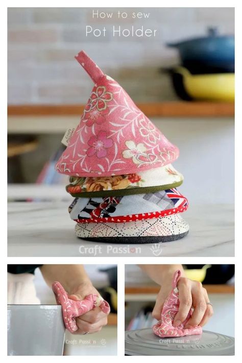 Cone Pot Holder Free Sewing Pattern Kitchen Decor Sewing Projects, Kitchen Items To Sew, Homemade Pot Holders Diy, Fabric Birds Diy, Vintage Pot Holders, Homemade Hot Pads, Sewing Potholders Free Pattern, Sewing Hot Pads, Diy Pot Holders Sewing