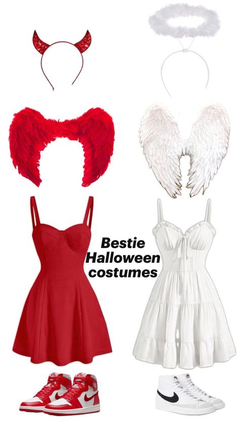 Halloween costumes for Besties Costumes For Besties, Halloween Costumes For Besties, 2 Person Halloween Costumes, Two Person Halloween Costumes, Angel And Devil Costume, Fun Halloween Outfits, Angel Halloween Costumes, Cute Group Halloween Costumes, Classy Halloween Costumes