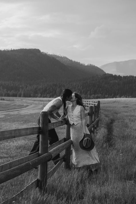 Couple photographed in Missoula, MT on their family ranch <3 Ranch Couples Photos, Vintage Western Couple Photoshoot, Wyoming Couple Photoshoot, Horse Couple Aesthetic, Unusual Couple Photoshoot, Ranch Style Engagement Photos, Western Family Aesthetic, Ranch Engagement Photos, Western Couple Photoshoot Outfits