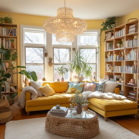 My Images Pop Of Yellow Living Room, Butter Yellow Living Room, Yellow Living Room Aesthetic, Soft Yellow Living Room, Cottage Core Couch, Yellow Apartment Decor, Yellow Boho Living Room, Light Yellow Living Room, Yellow House Interior