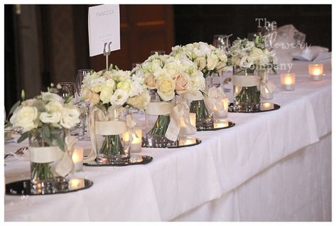 Top Table Wedding Flowers, Bridal Head Table, Bouquets In Vases, Barn Wedding Flowers, Head Table Ideas, Top Table Flowers, Head Table Wedding Decorations, Pembroke Lodge, Wedding Bridesmaid Bouquets