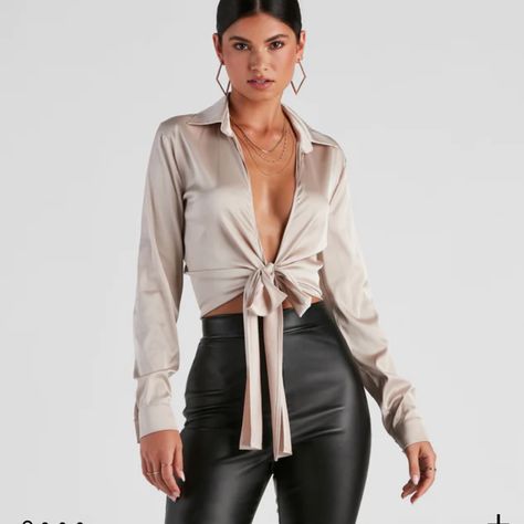 Keep It So Sleek In A Tie-Front Blouse That Creates A Stunning Impression! The Blouse Features A Collared Neckline, Long Sleeves With A Double-Button Cuff, A Tie-Front, And A Cropped Hem. The Top Is Composed Of A Silky Satin-Like Fabric That Offers A Relaxed Fit With Minimal Stretch. Complete Look With High Waist Jeans And Mules. Note: It Has Mesh Bottoms. Never Worn But Doesn’t Have Tags. Damas Dresses, Corset Outfits, Bachelorette Dress, Homecoming Outfits, Sequin Bridesmaid Dresses, Purple Bridesmaid Dresses, Bodycon Dresses Casual, Bachelorette Outfits, Red Bridesmaid Dresses