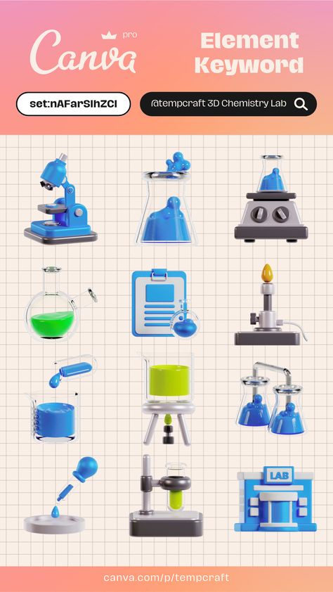 3D Chemistry Lab Code: set:nAFarSIhZCI | Canv Canva Aesthetic Font, Canva Tricks, Canva Aesthetic, Element Chemistry, Canva Codes, Canva Keywords, Chemistry Lab, Keyword Elements Canva, Canva Element Keyword