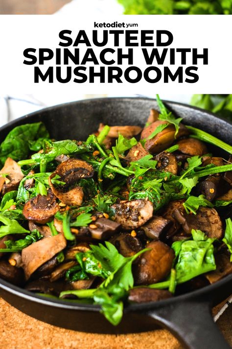 Sauteed spinach and mushrooms in butter are SO delicious, with just 4 ingredients + 15 minutes. The perfect side dish, vegetarian meal, or light breakfast. Sauteed Spinach And Mushrooms, Spinach Side Dish, Fried Spinach, Mushroom Dish, Light Breakfast, Eating Better, Vegetarian Side Dishes, Meatless Dinner, Low Carb Side Dishes