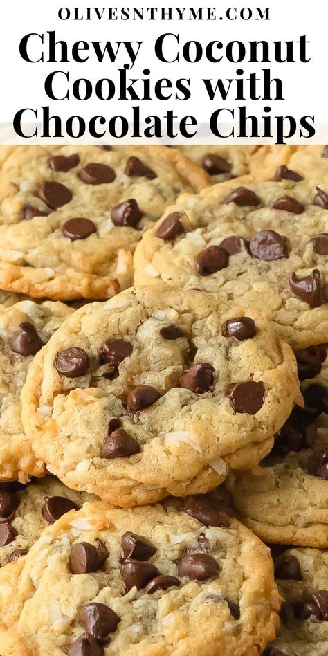 Coconut chocolate chip cookies are soft and chewy cookies filled with sweet shredded coconut and lots of melty chocolate chips. This recipe for chocolate chip coconut cookies is almost no chill and is easy to make in one bowl. Make these chocolate coconut cookies the next time you want a classic cookie with a delicious flavor twist. Chocolate Chip And Coconut Cookies, Chocolate Chip Coconut Cookies Recipes, Oatmeal Coconut Cookies Chewy, Shredded Coconut Cookies, Cookies Made With Coconut Oil, Chocolate Chip Raisin Cookies, Coconut Flakes Recipe, Chocolate Chip Cookies With Coconut, Chocolate Chip Coconut Cookies