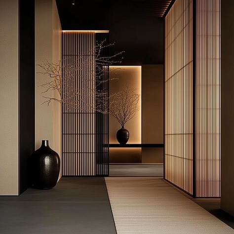 “Japandi style isn’t just seen, it’s felt; it promotes an interior calm as much as it does interior beauty.” A sophisticated blend of minimalism and modern Japandi style. The spaces utilise a muted palette dominated by black, beige, and wooden tones, creating a serene yet elegant atmosphere. The use of clean lines and uncluttered surfaces emphasise simplicity and refinement. Wood panels and black matte surfaces add texture and depth to the rooms, while the strategic lighting highlights the s... Modern Luxury Japanese Interior, Japanese Modernism Interior, Rustic Japanese Interior, Japandi With Black, Japandi Office Interior Design, Japandi Interiors Black, Japanese Wood Interior, Japandi Interiors Dark, Japanese Appartement