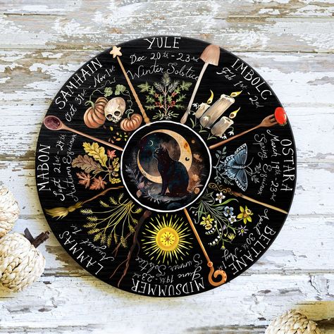 Witches Wheel, Pagan Calendar, Witch Grimoire, Witch Stuff, Wheel Of The Year, Moon Calendar, Wooden Door Signs, Round Wood Sign, Witch Gift