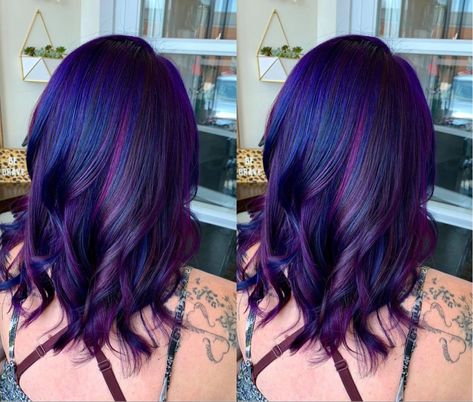 Plum And Blue Hair, Dark Blue To Purple Ombre Hair, Pink Purple Blue Hair Highlights Dark Brown, Dark Blue And Pink Hair, Purple Color Melt Hair, Dark Blue And Purple Hair, Blue And Violet Hair, Purple Blue Hair, Blue Tips Hair