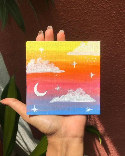 Easy Sunset Painting Ideas, Small Painting Ideas Mini Canvas Sunset, Mini Canvas Sunset Paintings, Mini Paintings Sunset, Small Easy Painting Ideas, Mini Sky Painting, Sky Painting Easy, Mini Canvas Sunset, Mini Sunset Painting