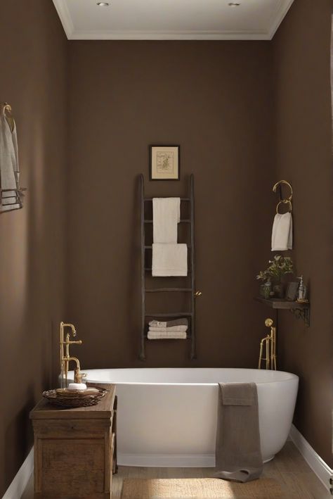 home decor,home interior design,living room interior,interior bedroom design Brown Painted Rooms Wall Colors, Rooms With Brown Walls, Moody Brown Bathroom, Brown Wall Color Bedroom, Brown Walls Bathroom, Brown Paint Bathroom, Brown Painted Bathroom, Chocolate Brown Accent Wall, Dark Paint Bathroom