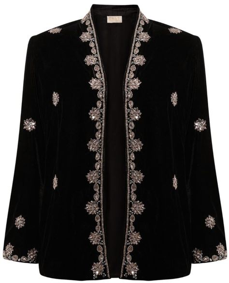 Embellished velvet, kimono style, jacket http://www.east.co.uk/ Velvet Jacket Outfit, Velvet Coat Women, Velvet Gowns, Short Black Jacket, Resort Party, Jacket Embroidery, Beads Design, Jackets Black, Beaded Jacket