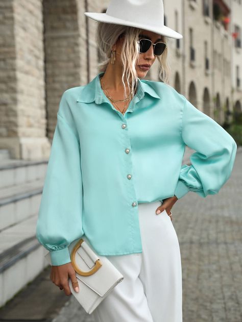 Turquoise Shirt Outfit, Drop Shoulder Blouse, Turquoise Shirt, Turquoise Blouse, Plain Shirt, Mint Blue, Spring Women, Women Blouses, Plain Shirts