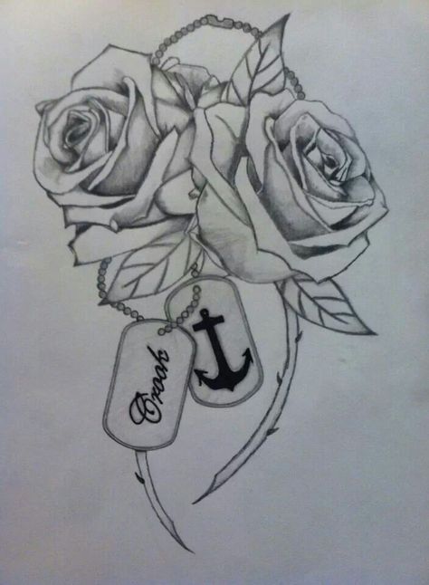 My next tatt I drew myself. Two roses, one for me and one for my husband. Dog tags because my husband is in the military, the anchor because its the NAVY and my last name. Dog Tags Tattoo, Great Graphic Design, Tattoos For Dad Memorial, Navy Tattoos, Memorial Tattoo Designs, Thorn Tattoo, Heaven Tattoos, Army Tattoos, Two Roses