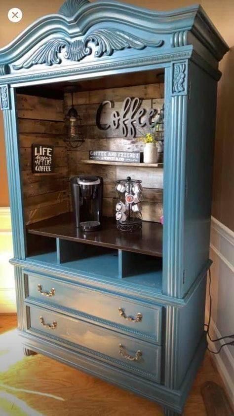 Coffee Bar From Hutch, Home Bar Cabinet Ideas, Coffee Bar Decor Ideas, Bar Decor Ideas, At Home Coffee, Coffee Bar Station, Coffee Bar Ideas, Diy Coffee Bar, Farmhouse Coffee Bar