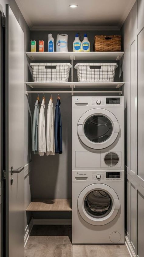 Small Home Laundry Room, Small Laundry Room Stackable, Small Laundry Room Stacked Washer Dryer, Laundry Closet Ideas Stackable, Small Utility Room With Toilet, Stackable Laundry Room Ideas, Small Laundry Room Ideas Stackable, Stackable Washer Dryer Laundry Room, Small Laundry Closet Ideas