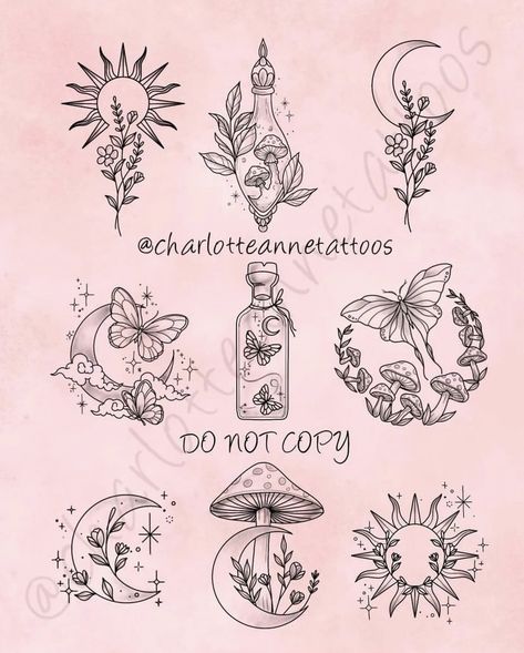 Cottage Core Back Tattoo, Sticker Sleeve Tattoos For Women Ideas, Witchy Herbal Tattoos, Ren Faire Tattoo, Best Friend Tattoos Plants, Fantasy Patchwork Tattoos, Dark Cottage Core Tattoos, Simple Cottage Core Tattoos, Gothic Cottagecore Tattoo