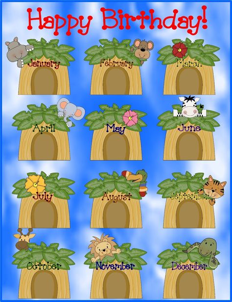 Birthday Chart For Preschool, Jungle Theme Classroom Decorations, Safari Theme Classroom, Jungle Theme Rooms, Birthday Chart Classroom, Preschool Jungle, Preschool Birthday, Birthday Board Classroom, Jungle Theme Classroom