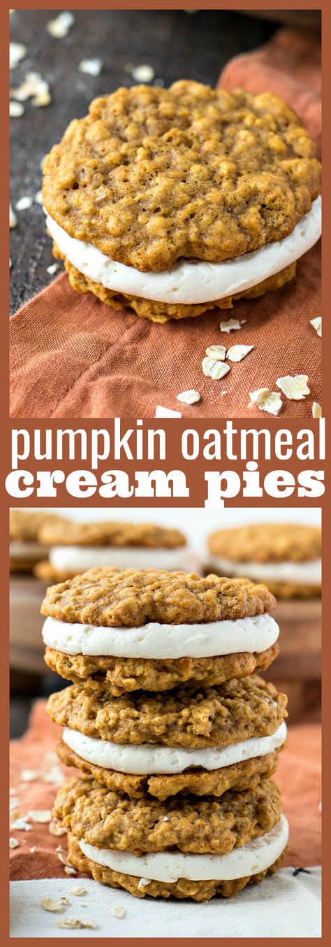 Pumpkin Oatmeal Cream Pies – Vanilla frosting is sandwiched between two chewy pumpkin oatmeal cookies to make the perfect spiced cookie for the fall season #recipe #fall #pumpkin #cookies #oatmeal #cinnamon #dessert Pumpkin Oatmeal Cream Pies, Pagan Food, Oatmeal Cinnamon, Cookies Oatmeal, Pumpkin Oatmeal Cookies, Cookies To Make, Recipes Pumpkin, Oatmeal Cream Pies, Cream Pies