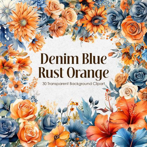 Russet Orange And Denim Blue Wedding, Light Blue And Orange Wedding, Orange Blue Wedding, Orange And Blue Wedding, Blue And Orange Wedding, Blue Orange Weddings, Jeans Flowers, Orange And Blue Flowers, Thanksgiving Floral Arrangements