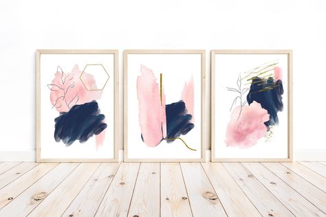 Working Space In Living Room, Navy And Pink Living Room, Pink And Blue Girls Bedroom, Art Work For Bedroom, Hallway Prints, Ivory Room, Wall Abstract Art, Rose Gold Wall Art, Blue And Pink Bedroom