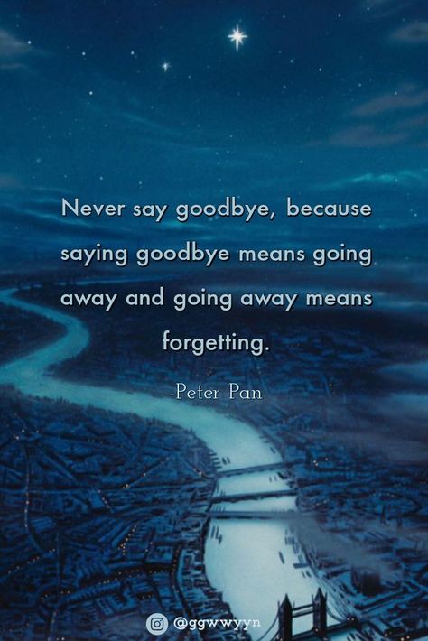 Never Say Goodbye Peter Pan, Never Say Goodbye Quotes, Never Land Quotes, Peter Pan Quotes Wallpaper, Last Goodbye Quotes, Say Goodbye Quotes, Pixar Quotes, Pastel Quotes, Peter Pan Quotes