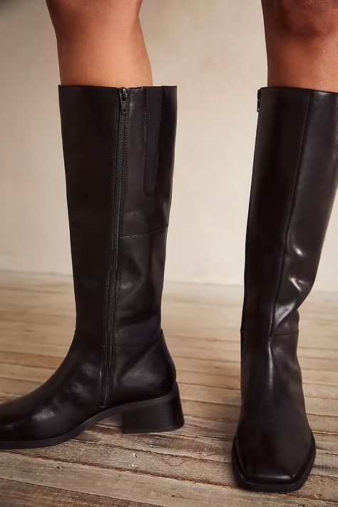 Vagabond Blanca Tall Boots | Free People Square Toe Flat Knee High Boots, Knee High Black Boots Heels, Slouchy Knee High Boots, Black Square Boots, Knee Length Black Boots, Mid Rise Boots Outfit, Square Toe Tall Boots, Sophisticated Alternative Fashion, Boots Winter 2024