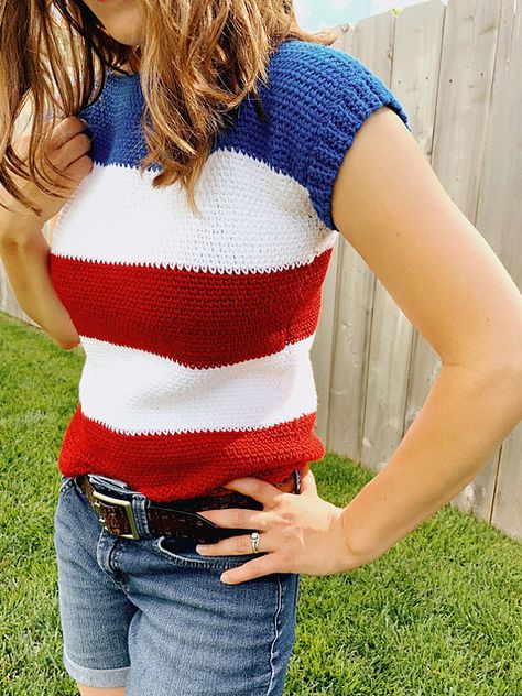 Perfect Striped Tee for Women, XS-3XL (C) 4th Of July Crochet, Easy Crochet Top, Crochet Summer Tops, Tees Pattern, 4th Of July Shirt, Crochet Dress Pattern, Crochet Top Pattern, Afghan Crochet Patterns, Crochet Hat Pattern