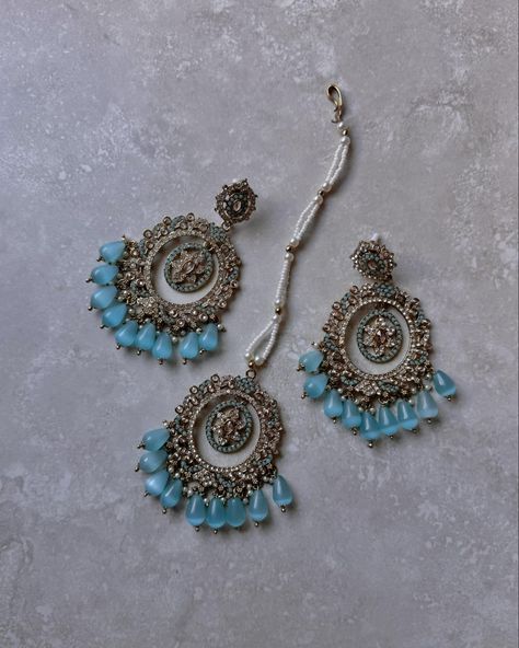 The Inara Earring and Tikka Set . . . #sparkle#sparkly#statementjewelss#statements#pastels#indian#pakistani#girls#smallbusiness#Desi#browngirls#nath#choker#jhumkas#Jhumki#bridgerton#eras#gold#shaadiseason#shaadi#jaggo#valima#nikkah#mehndi#haldi#pakistanitiktok Nikkah Mehndi, Diy Earrings Materials, Jewelry By Material, Pakistani Jewelry, Indian Earrings, Blue Earrings, Diy Earrings, Indian Jewelry, Future Wedding