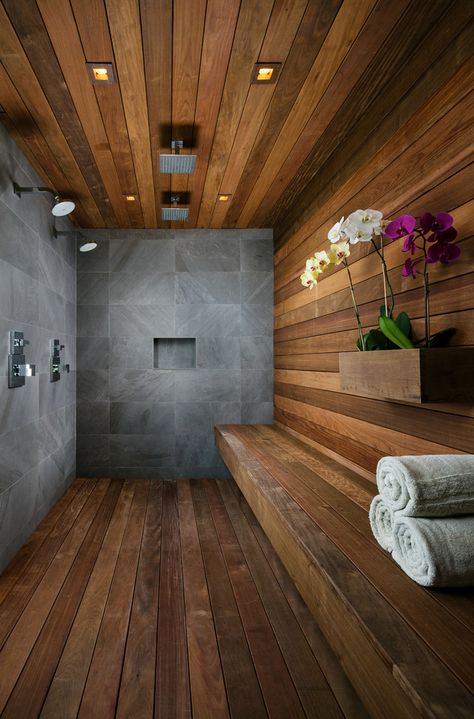 Wood Floor Inspiration, Sauna Bathroom Design, Modern Saunas, Sauna A Vapor, Sauna Shower, Wood Sauna, Home Spa Room, Indoor Outdoor Bathroom, Sauna Diy