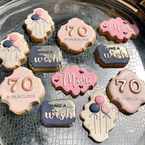 2 Smart Cookies on Instagram: “It’s a celebration for Mimi! Happy 70th Birthday Rose gold edible art cake paint is from Sweet Sticks • • • • #royalicingcookies…” Gift Cookies Decorated, 70th Birthday Party Ideas For Mom, 70th Birthday Ideas For Mom, Sweet Sticks, Birthday Rose Gold, Happy 70th Birthday, Smart Cookies, 70th Birthday Decorations, Music Cookies