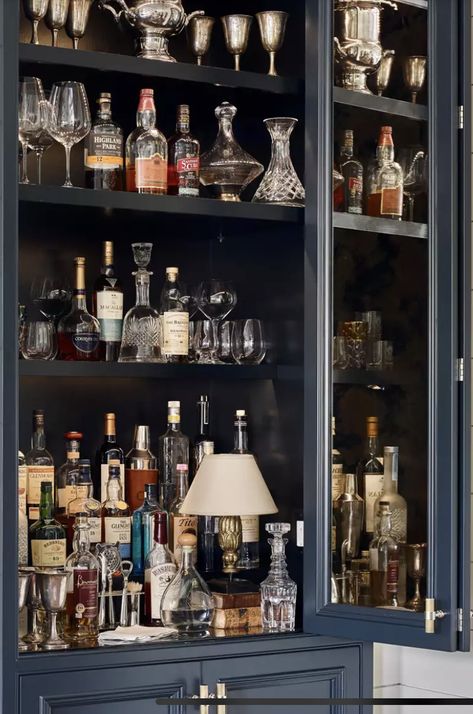 Alcohol Bookshelf, Alcohol Cabinet Ideas Modern, Bookshelf As Bar Cart, Styling A Bar Area, Whisky Display Cabinet, Dark Academia Bar Cart, Curio Cabinet Bar, Barware Display Ideas, Alcohol Display Home