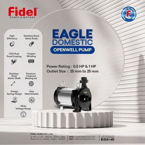 EAGLE DOMESTIC OPENWELL PUMP. Power Rating : 0.5 HP & 1 HP Outlet Size : 25 mm to 25 mm 1) High Efficiency 2) Stainless Steel Motor… | Instagram Product Poster Design Marketing, Hair Oil Advertisement, Oil Advertisement, Post Reference, Water Pump Motor, Product Post, Real Estate Marketing Design, Solar Cells, Interactive Display