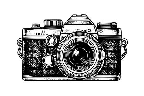 Modern photo camera in engraving style. Vector retro hand drawn illustration. Camera Drawing, Photo Camera, Camera Icon, Hand Drawn Illustration, Cityscape Photos, Logo Banners, Drawn Illustration, Nature Backgrounds, Heart With Arrow