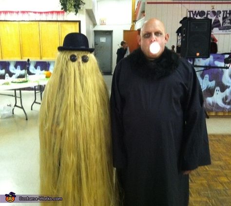 Uncle Fester and Cousin Itt - Couple's Costume Idea Uncle Fester Costume Diy, Bald Costume Ideas, Fester Costume, Uncle Fester Costume, Couple's Costume, Cousin Itt, Cool Couple Halloween Costumes, Uncle Fester, Diy Couple