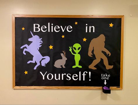 Bigfoot Bulletin Board, Bigfoot Classroom Theme, Alien Bulletin Board, Space Bulletin Boards, Res Life Bulletin Boards, Ra Door Decs, Ra Themes, Resident Advisor, Interactive Bulletin Boards