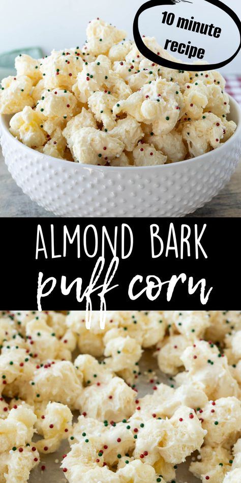 Puffed Corn Almond Bark, White Chocolate Corn Puffs Recipe, Christmas Snacks No Bake, White Chocolate Corn Puffs, White Chocolate Popcorn Puffs, White Almond Bark Popcorn, Sweet Puffed Corn, Puffed Popcorn Recipes, Popcorn Almond Bark Recipe