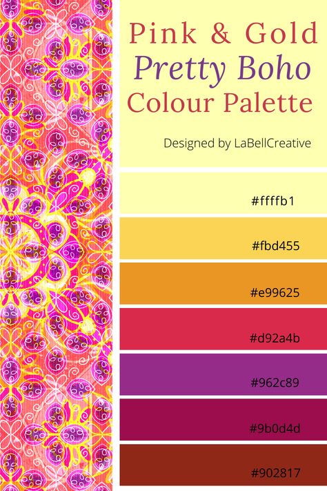 Diwali Colour Palette, Maximalist Colour Palette, Pink Boho Color Palette, Pink Hex Codes, Hippie Color Palette, Bohemian Colour Palette, Indian Colour Palette, Bright Boho Color Palette, Bohemian Color Scheme