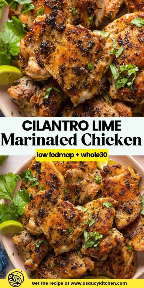 Simple ingredients come together to make the BEST Cilantro Lime Marinated Chicken. It's bright, zesty and mouthwatering delicious! | Gluten Free + Low FODMAP + Whole30 Fodmap Soup, Low Fodmap Chicken Recipes, Lime Chicken Marinade, Cilantro Lime Chicken Marinade, Fodmap Chicken Recipes, Mac Recipes, Gluten Free Low Fodmap, Fodmap Dinner, Fodmap Meals