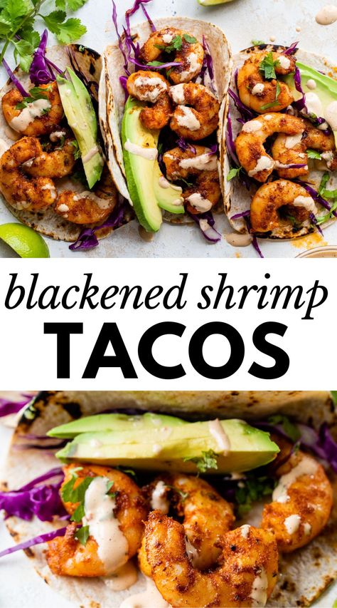 Taco Tuesday is extra exciting with these Blackened Shrimp Tacos on the table! Cajun-spiced and perfectly seared shrimp are wrapped in tortillas and topped with cabbage slaw, chipotle aioli, avocado, and cilantro. Ready in 30 minutes! Blackened Shrimp Tacos, Seared Shrimp, Shrimp Tacos Easy, Shrimp Taco Recipes, Blackened Shrimp, Chipotle Aioli, Shrimp Dinner, Shrimp Recipes For Dinner, Shrimp Recipes Easy