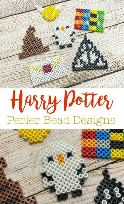 6 Harry Potter themed perler bead/ fuse bead designs. All made on a basic square board designs include a Hogwarts letter, Deathly Hallows, a Snitch, Hedwig, a Sorting Hat, and House Colors. A fun kid craft. Harry Potter Perler Beads, Harry Potter Activities, Perler Bead Designs, Cumpleaños Harry Potter, Melty Bead Patterns, Easy Perler Beads Ideas, Anniversaire Harry Potter, Fuse Bead Patterns, Theme Harry Potter