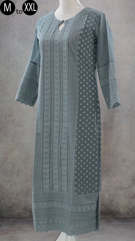 Grey Chikankari Kurta, Elegant Gray Kurta With Resham Embroidery, Gray Kurti Designs, Festive Gray Embroidered Kurta, Georgette Chikankari Kurta, Grey Kurti, Trendy Kurti, Kurti Sleeves, Chikankari Work