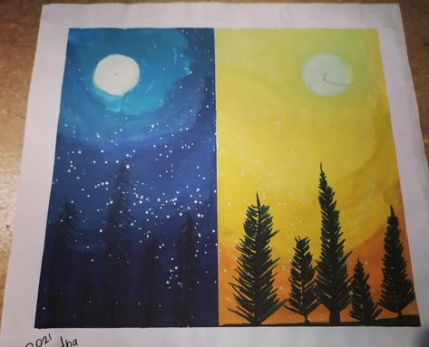 The easiest way to draw Day and Night with watercolor/acrylic paint Day Vs Night Painting, Day And Night Drawing Easy, Day And Night Painting Easy, Day And Night Drawing, Night And Day Art, Day And Night Painting, Road Drawing, Friend Valentine, Night Drawing