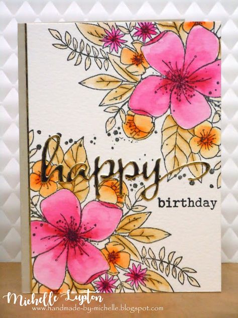 Gold and florals Floral Cards Design Handmade, Watercolour Cards Ideas, Card Design Handmade, Watercolor Birthday Cards, Birthday Card Drawing, Altenew Cards, Brush Markers, Paint Cards, Hello Lovely