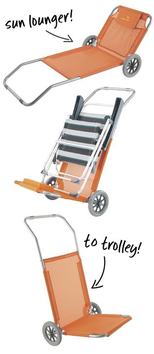 Sick of carrying all the bags down onto the beach? Load up this beach trolley, empty it out and voila! It unfolds into a sun lounger! Amazing huh?! Beach Trolley, Lifestyle Hacks, Folding Lounge Chair, Beach Cart, Adaptive Equipment, Airtight Storage, Emergency Preparation, Truck Camping, Camping World