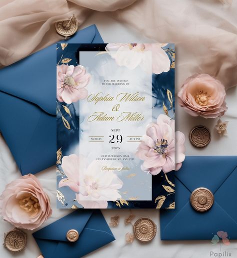 This invitation offers an effortlessly elegant design featuring dusty blue and blush pink floral elements set against a deep navy backdrop, beautifully accented with gold leaf details. Ideal for couples looking for a blend of classic charm and modern sophistication, this editable Canva template allows you to personalize every detail to perfectly match your wedding day vision. TRY BEFORE YOU PURCHASE Copy the link and paste it into your browser.   DEMO Link: https://www.canva.com/design/DAGNYGrlm Navy Blue And Dusty Pink Wedding Invitations, Navy Blue And Rose Gold Wedding, Rose Gold And Navy Blue Wedding Theme, Dusty Blue And Pink Wedding Theme, Blue And Pink Wedding Invitations, Blue Nikkah, Blue And Rose Gold Wedding, Dusty Pink Wedding Invitations, Pink And Navy Wedding