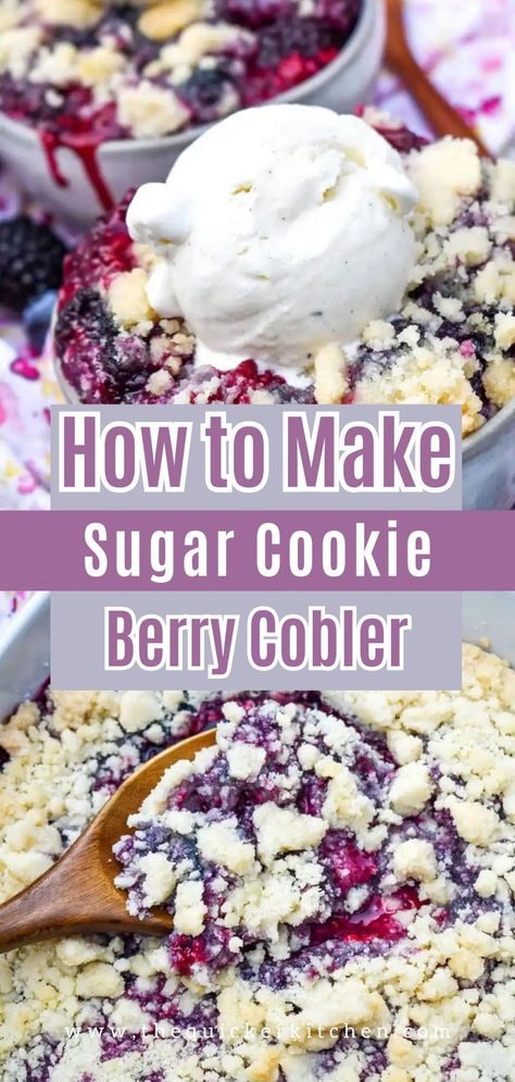 Sugar cookie berry cobbler is a yummy dump and go dessert with only 4 ingredients. Store bought sugar cookie mix and butter top juicy berries for an easy but impressive twist on an a classic dessert. Try this quick and easy recipe today from The Quicker Kitchen, a food blog for busy families. Cookie Cobbler Recipes, Quick Berry Cobbler, Berry Snickerdoodle Cobbler, Easy Berry Dessert With Snickerdoodle, Mixed Berry Cookies, Easy Berry Cobbler 3 Ingredients, Dump And Go Desserts, Sugar Cookie Mix Ideas, Easy Cobbler Recipes 4 Ingredients